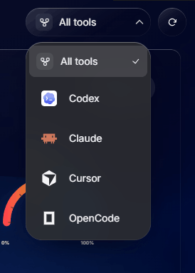 The tool filter menu listing All tools, Codex, Claude, Cursor, and OpenCode.